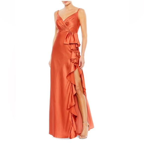 MAC DUGGAL V-Neck Spaghetti Strap Ruffled Satin Gown In Spice Color - Reemoly